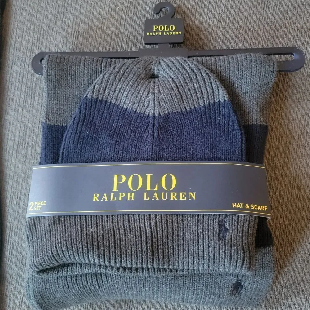 Polo Ralph Lauren Men's grey and navy 2 Piece Set Hat & Scarf Lambswool…